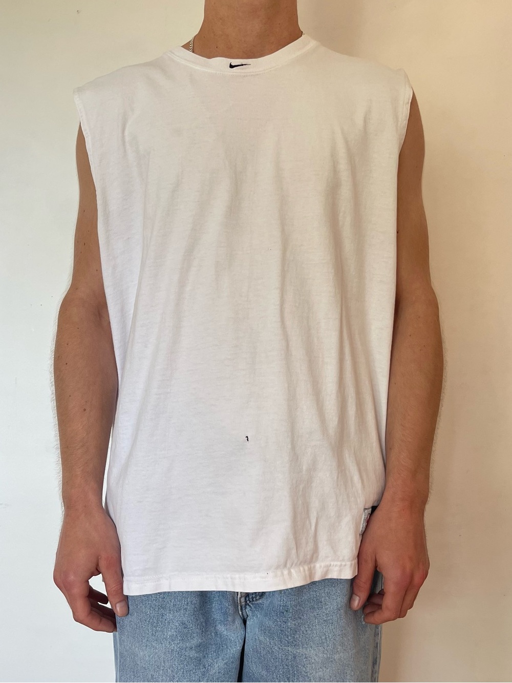 Nike Men's White Sleeveless Tank with Small Swoosh